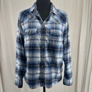 JACHS Girlfriend Blue Snap plaid Flannel Shirt Tab Sleeves Women’s M Western